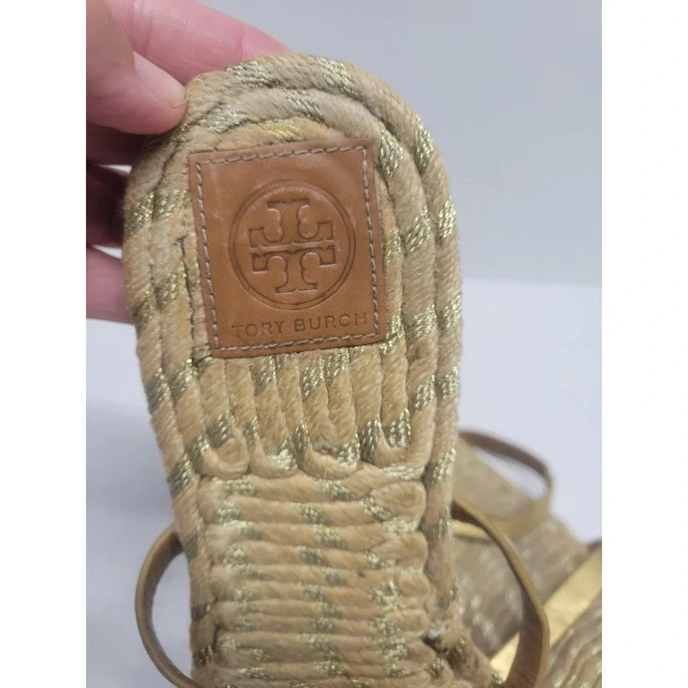 Tory Burch‎ Metallic Leather Espadrille Slide Sandals Woven Rope Flat Logo sz 10